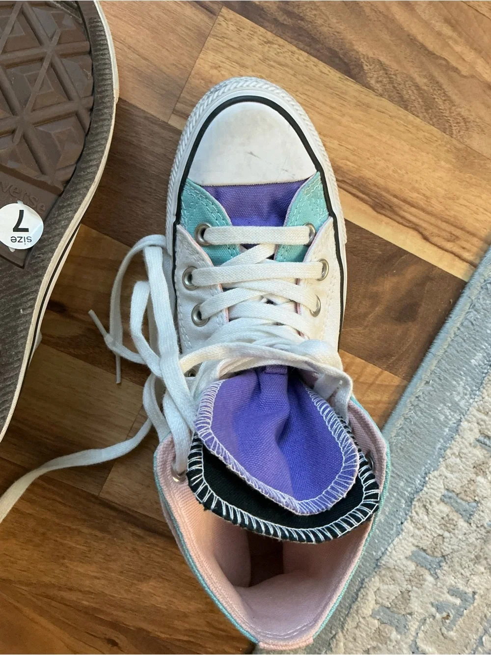 Converse White High Top Sneakers with Mint and Purple Accents